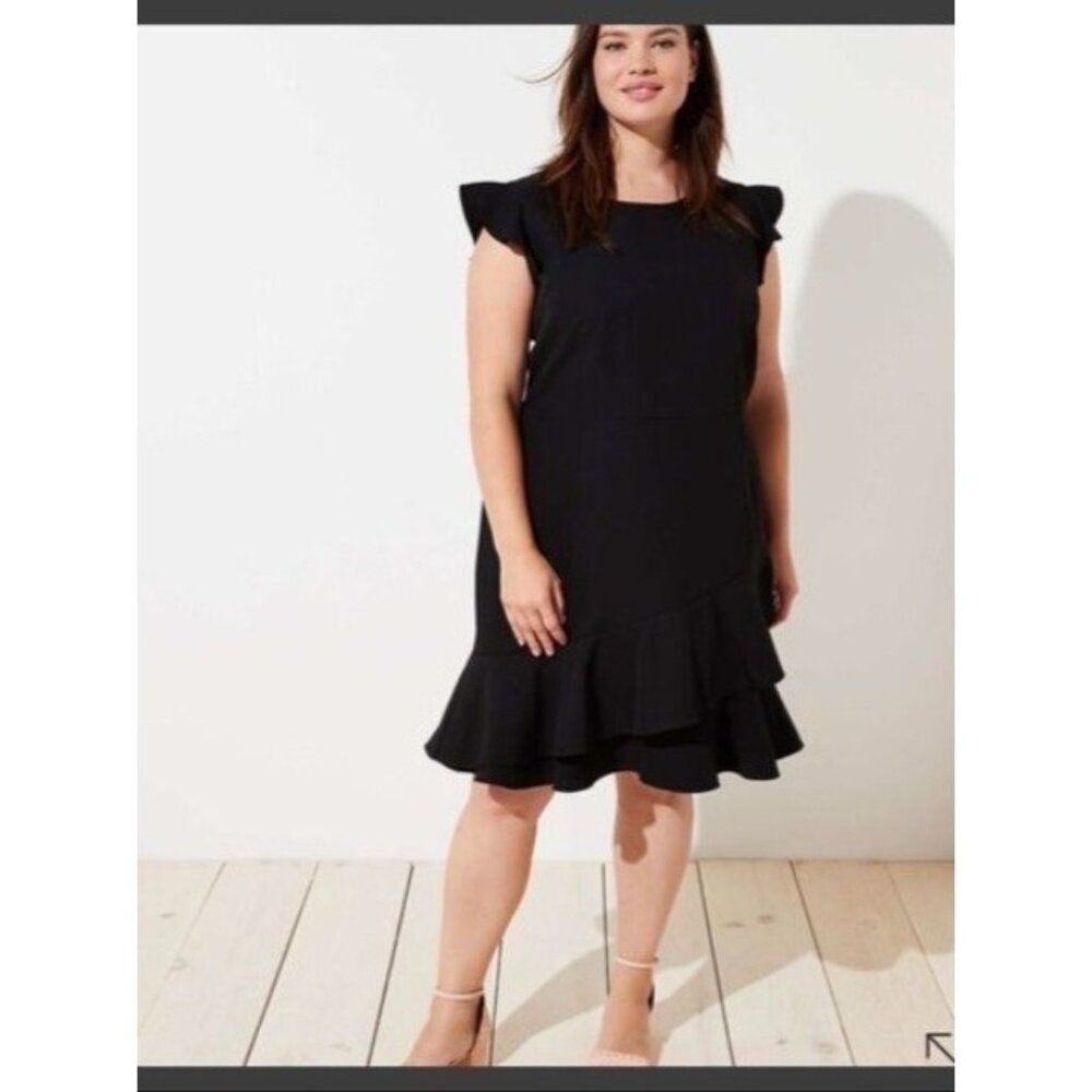LOFT Wraparound Flounce Flare Dress Black Women's Plus Size 16 NEW